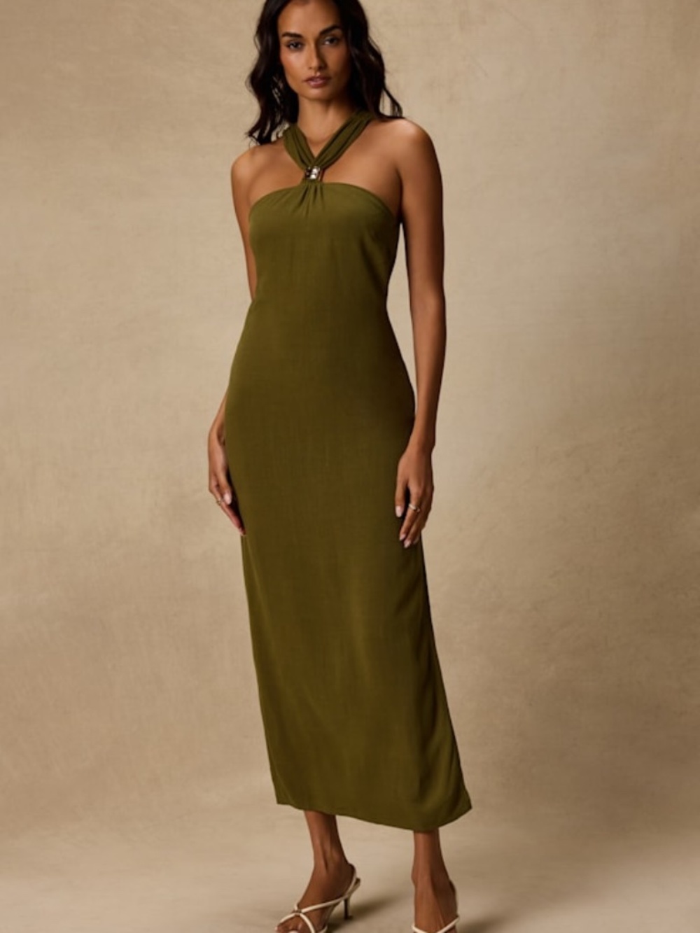 Lulus Calessia Olive Green Linen Halter Neck Midi Dress - Size M